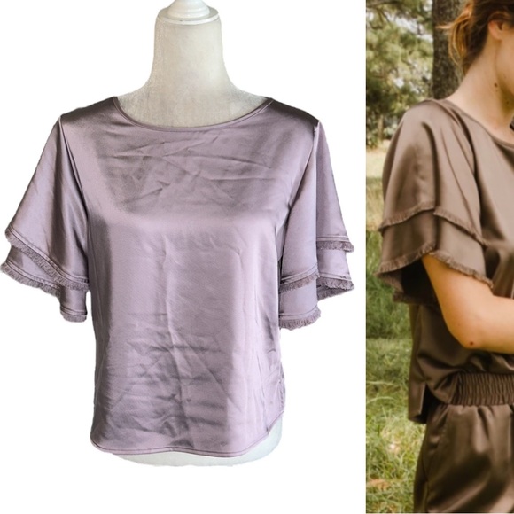 NWOT S’EDGE Light Purple Satin Double Fringe Flutter Sleeve Cropped Top - S - Picture 1 of 14